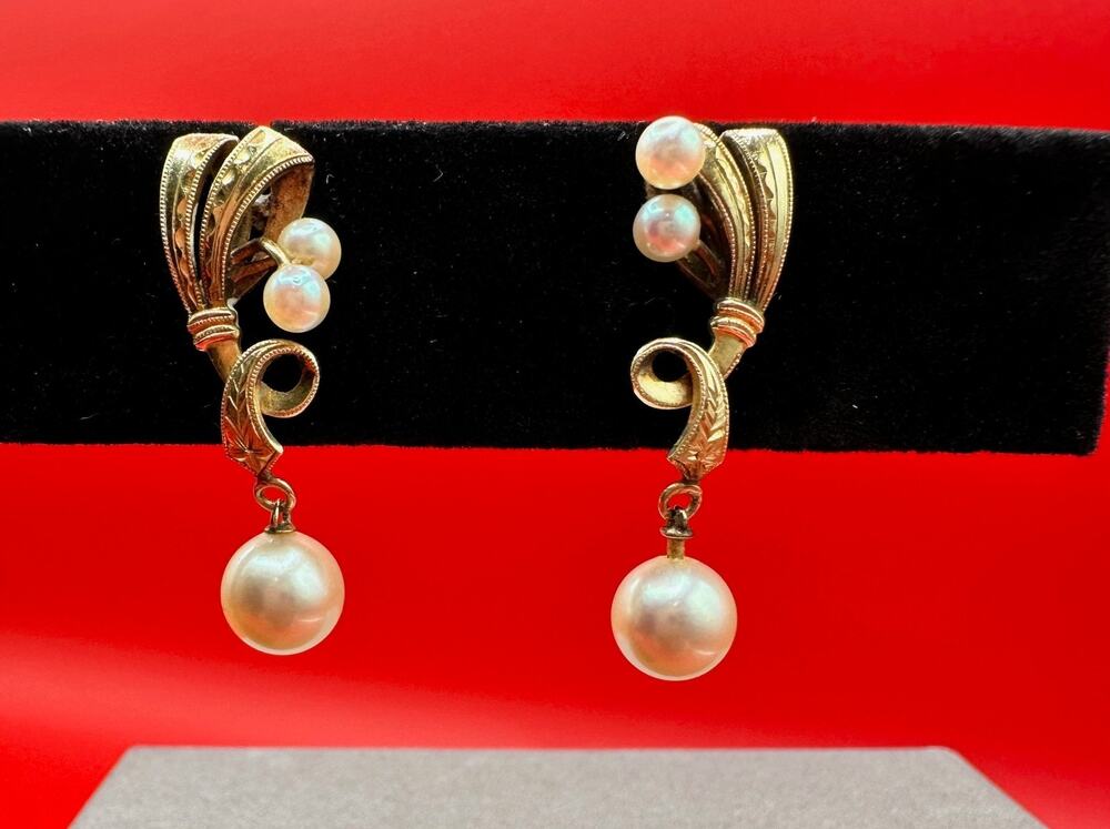 Vintage Mikimoto 14k Gold Akoya Pearls Drop MCM Swirl Ribbon Design Earrings